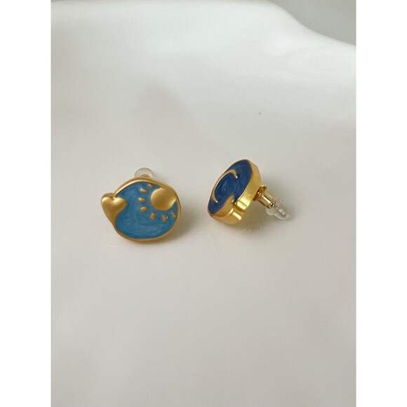 Stud Earrings Blue Gold Plated Earring Handmade Asymmetry Moon Sun Star - Picture 3 of 4